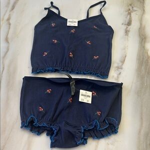 Anthropologie Dark Blue Pajama Set with Floral Details